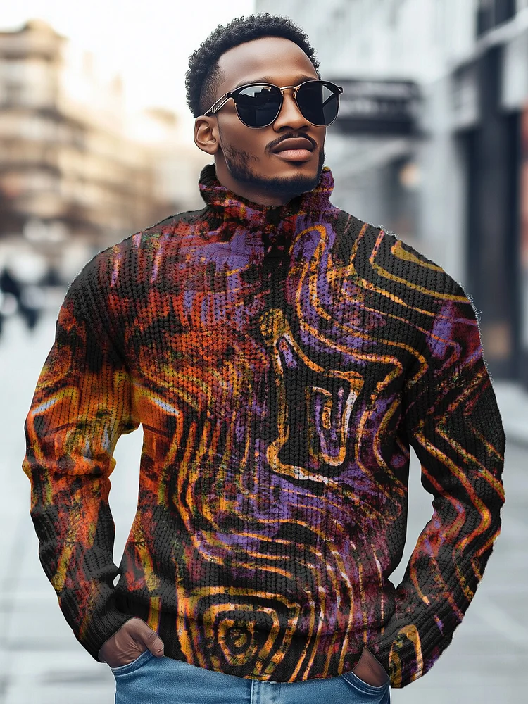 Men's Abstract Art Geometric Print High Neck Knit Sweatshirt