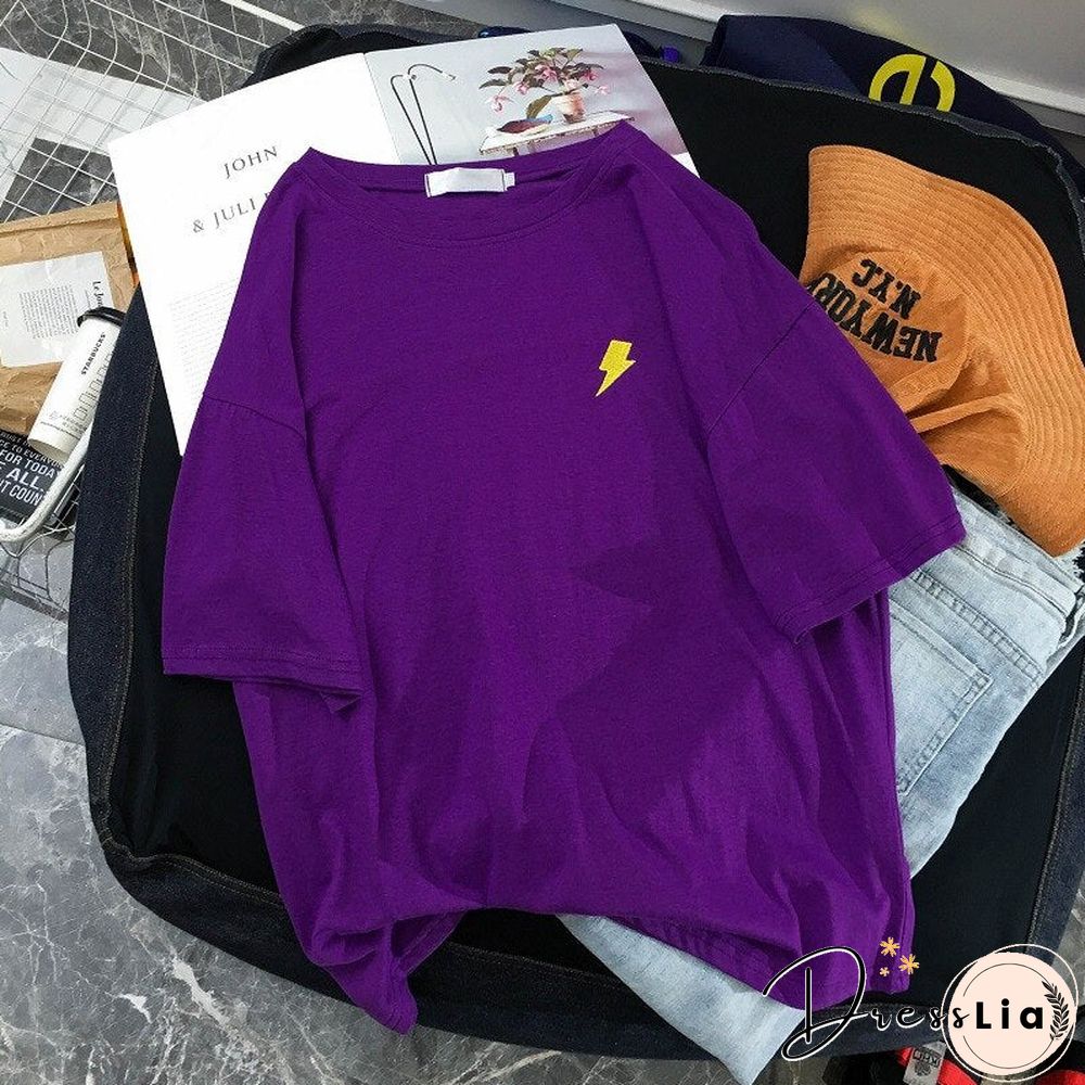 Fashion Women Embroidered T Shirts Crew Neck Short Sleeve Couple Tops Summer Casual Loose Sweatshirt Basic Tee Top Clothing