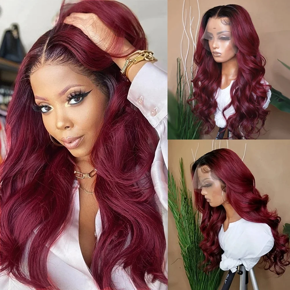 Wine Red Long Wave Wigs Women With Baby Hair ELCNEPAL