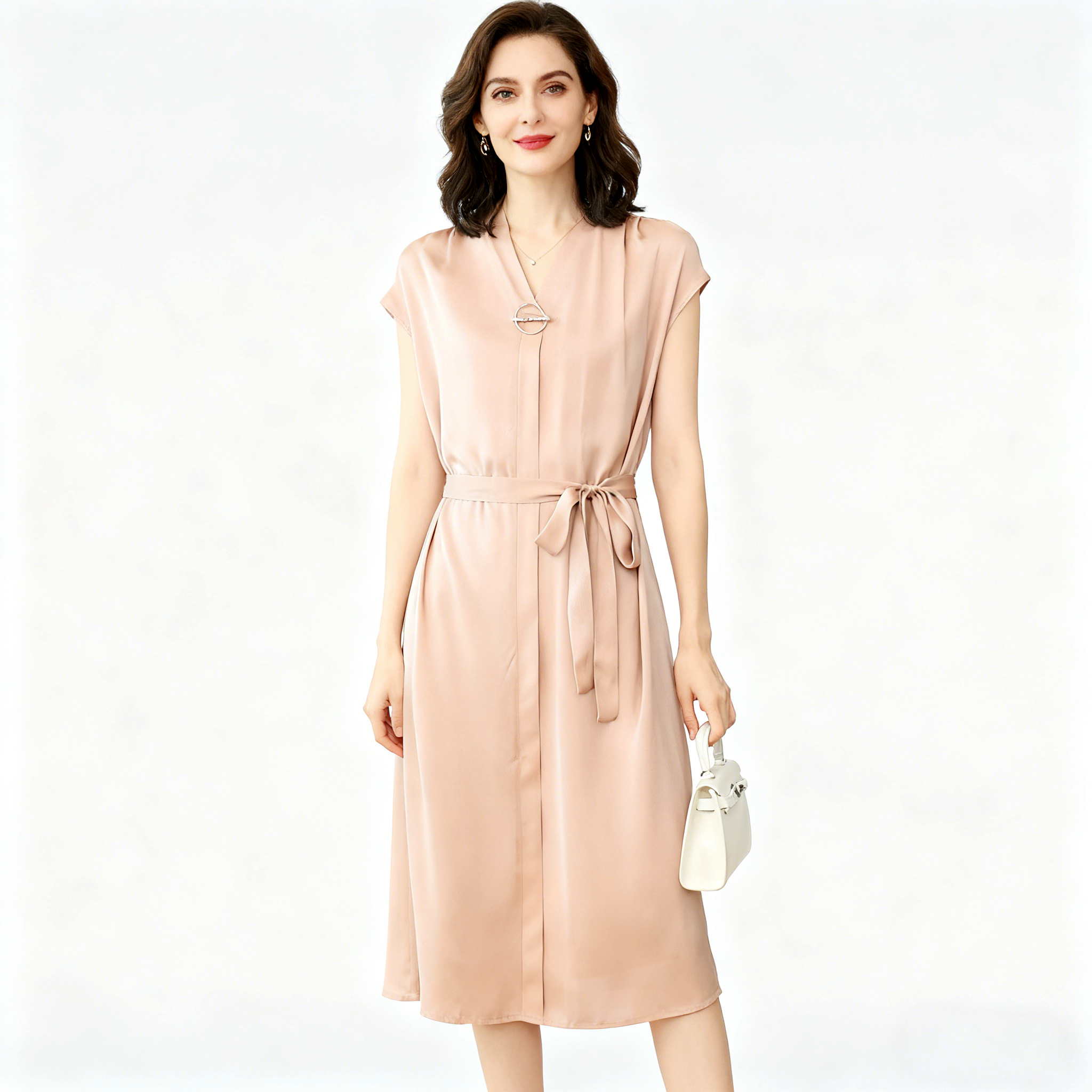 Silk Midi Dress With Belt For Office Lady REAL SILK LIFE
