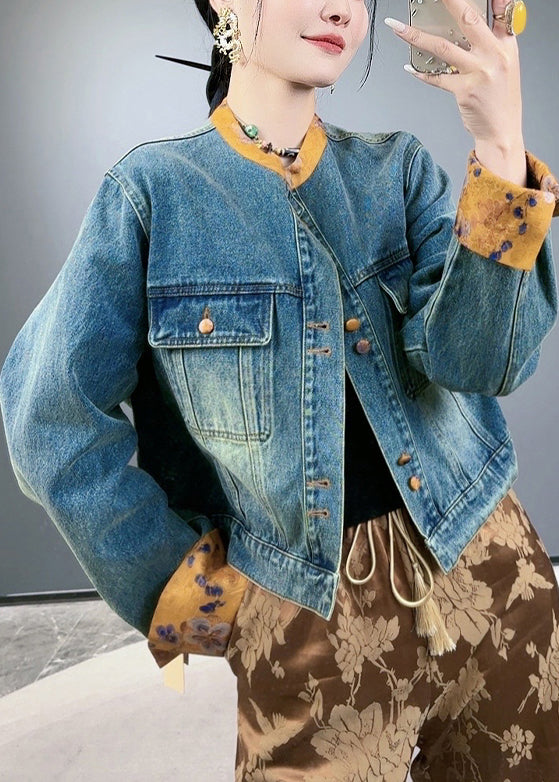 VCSHOES Loose Blue Button Pockets Patchwork Denim Coats Spring