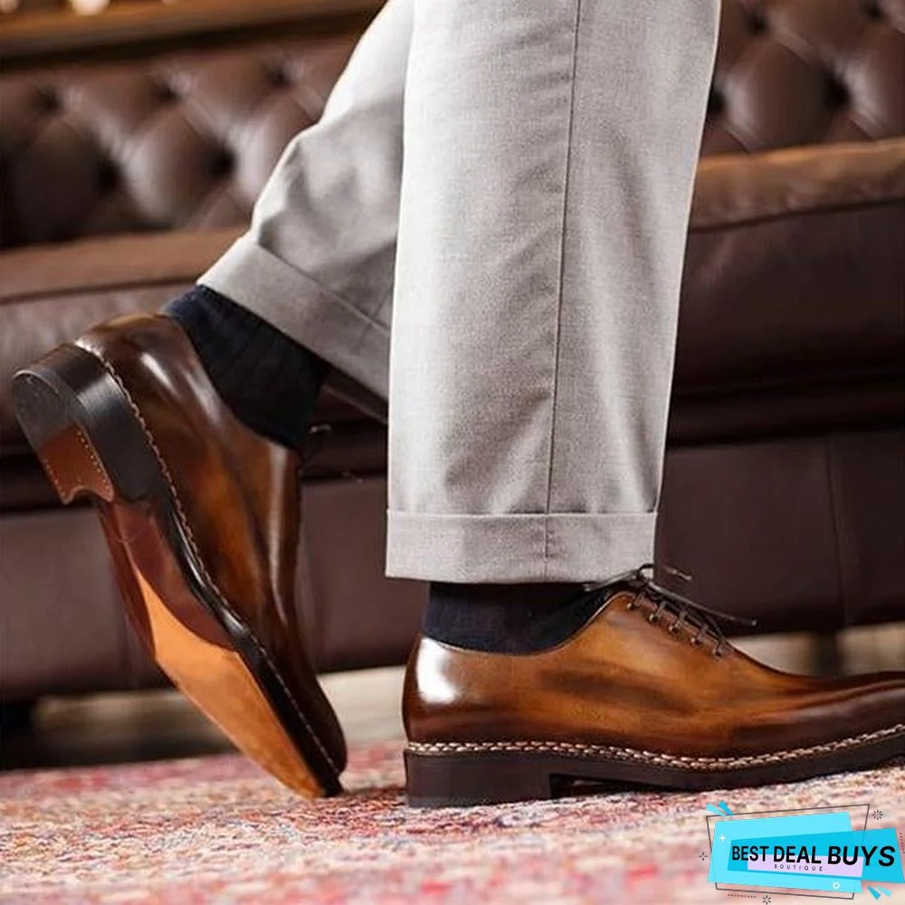 Bronze-Color Effect Squared Toe Leather Shoes Classic Derby Shoes