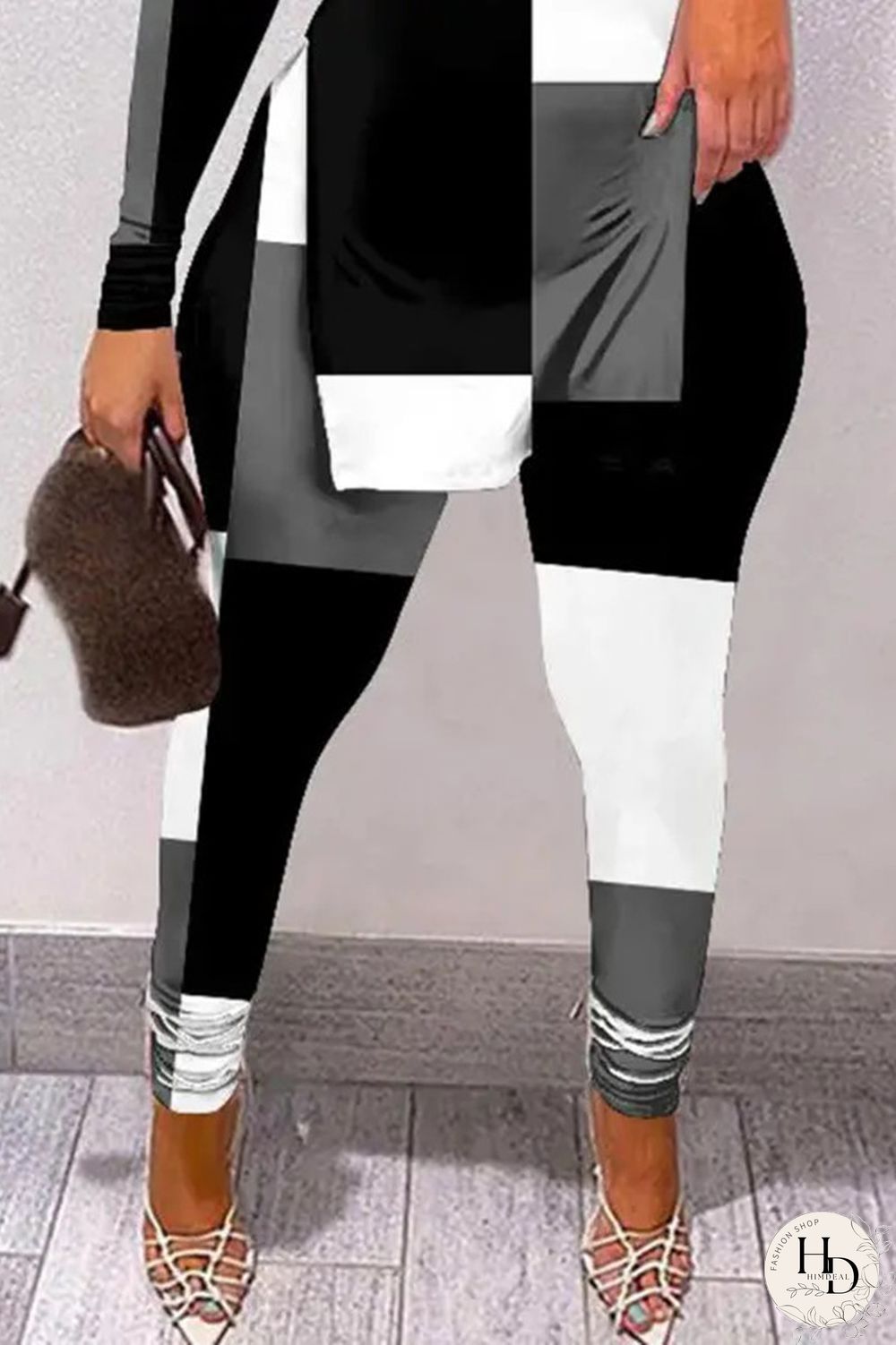 Peacock Blue Sexy Casual Print Hollowed Out Slit Printing Half A Turtleneck Long Sleeve Two Pieces