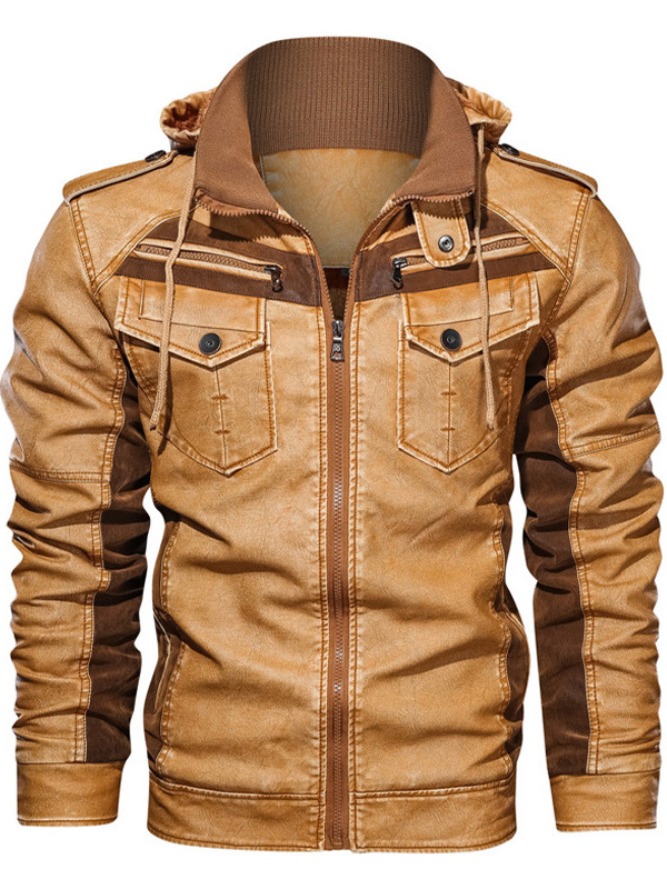 Casual Hooded Color-block PU Men's Jacket