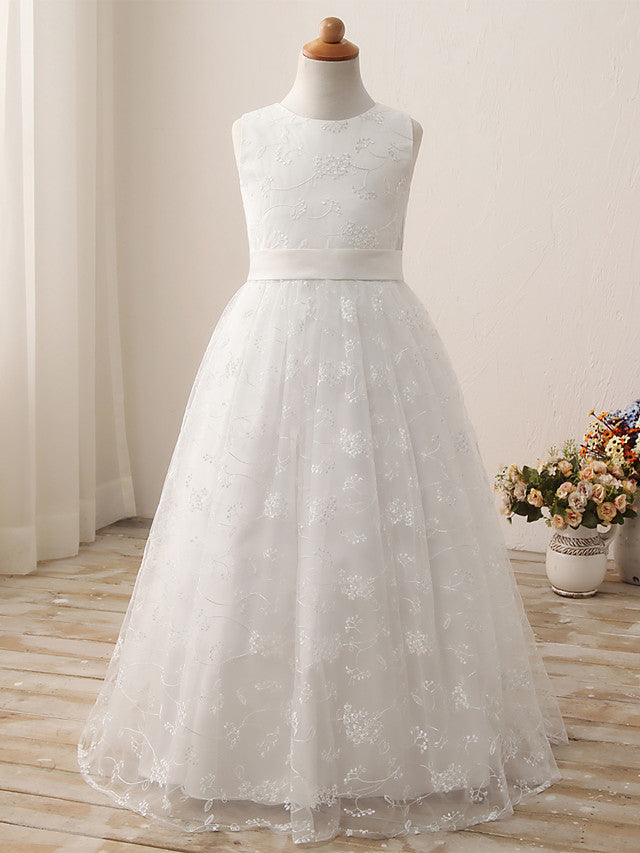 Oknass Ball Gown Sleeveless Jewel Neck Long Length Flower Girl Dress Tulle Cotton With Embroidery  Solid