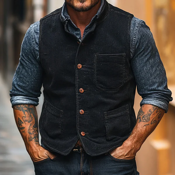 Men's Black Vintage Country Western Multi-Pocket Corduroy Sleeveless Vest