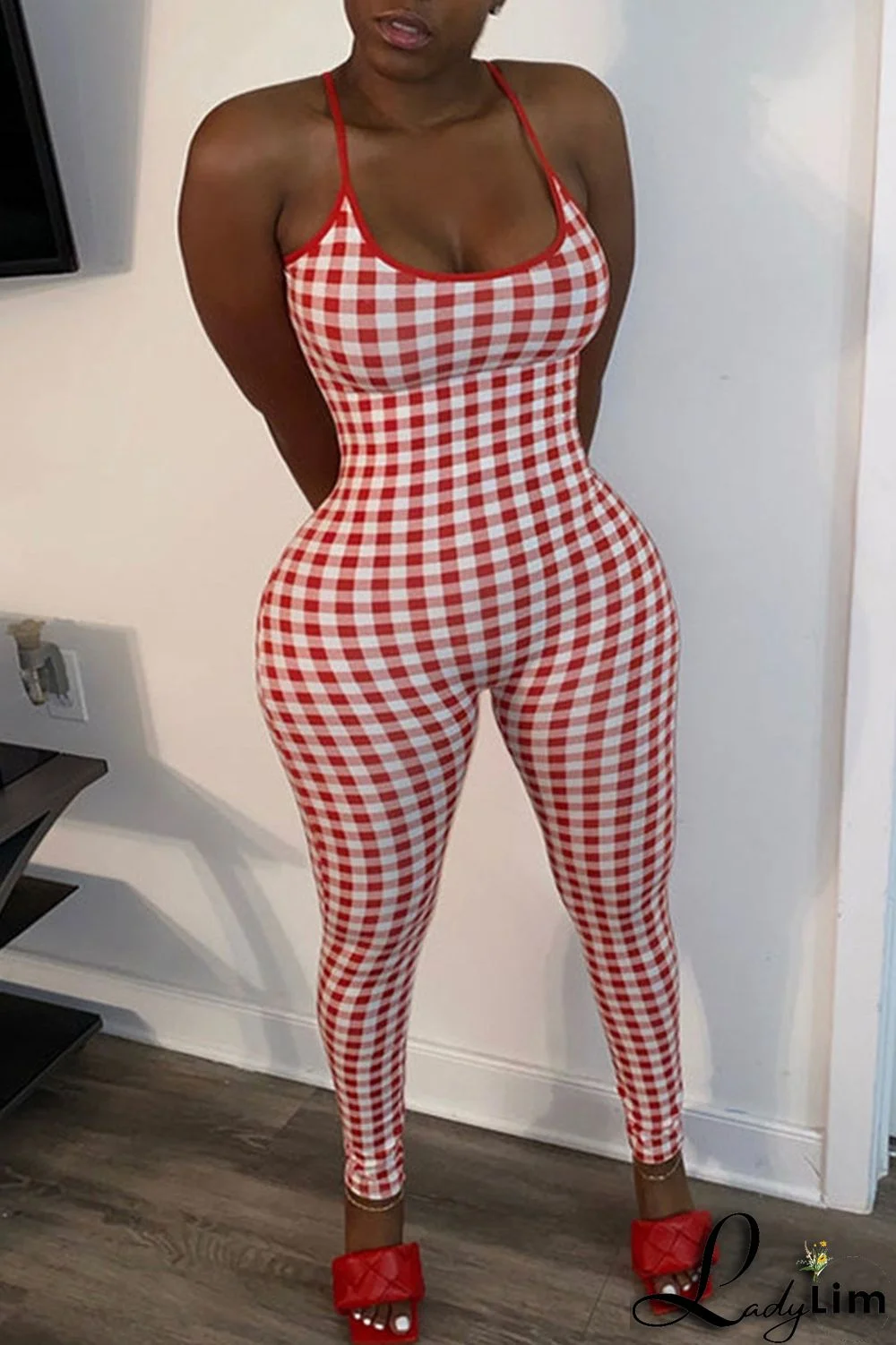 Red Sexy Plaid Print Split Joint Spaghetti Strap Regular Jumpsuits