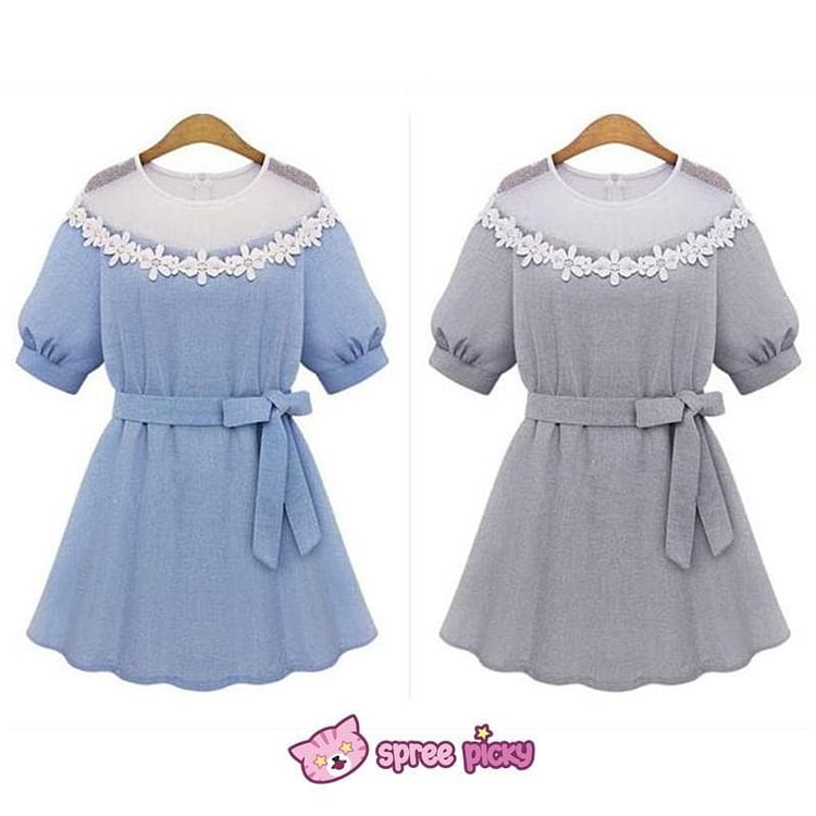 Blue/Grey Hollow Lace Cotton Dress SP151934