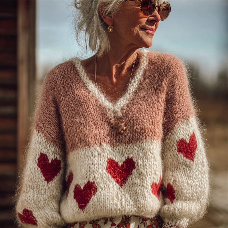 Valentine's Day Hearts Contrast V Neck Cozy Knit Sweater wearshes