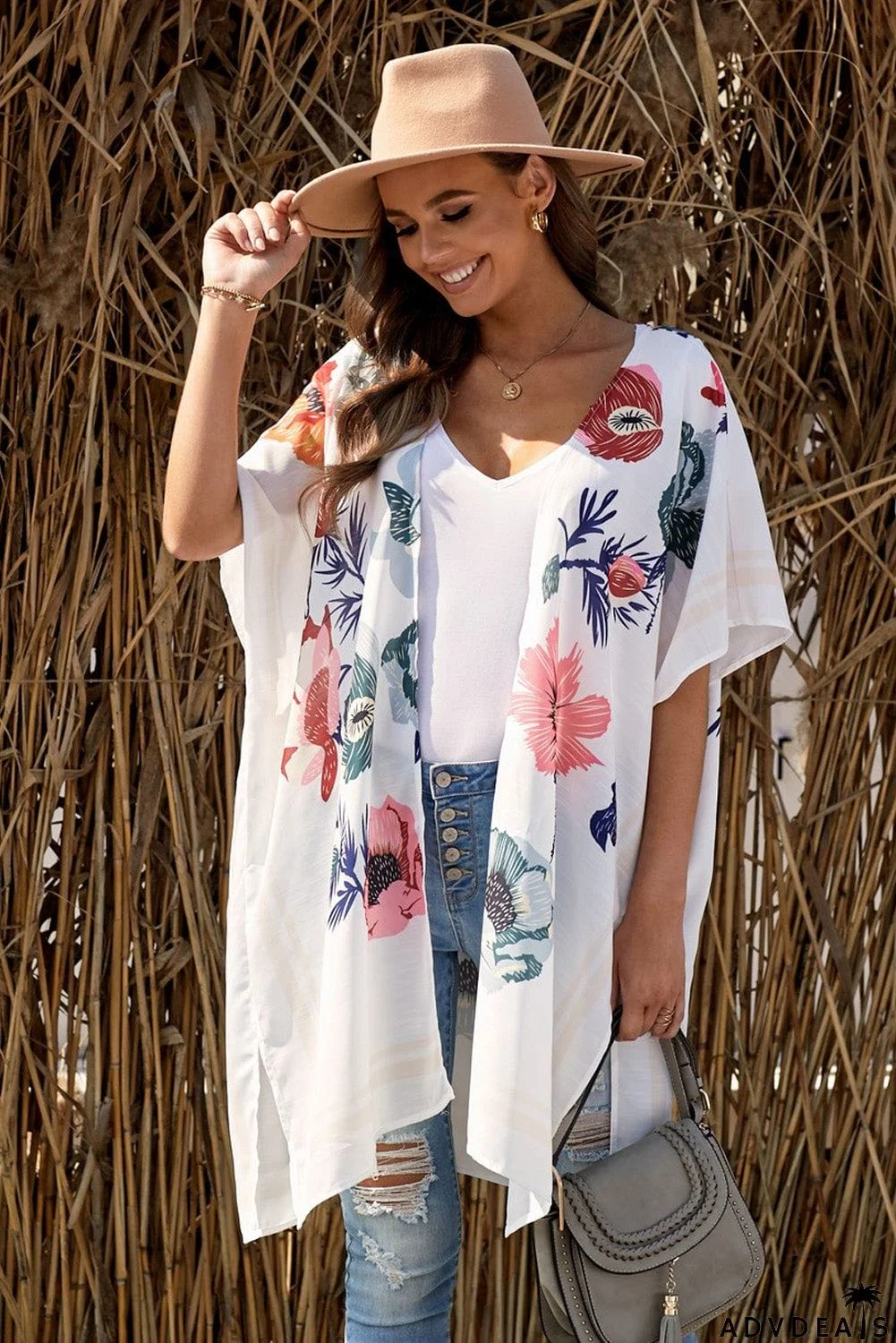 Waterfall Short Sleeve Floral Print Cardigan