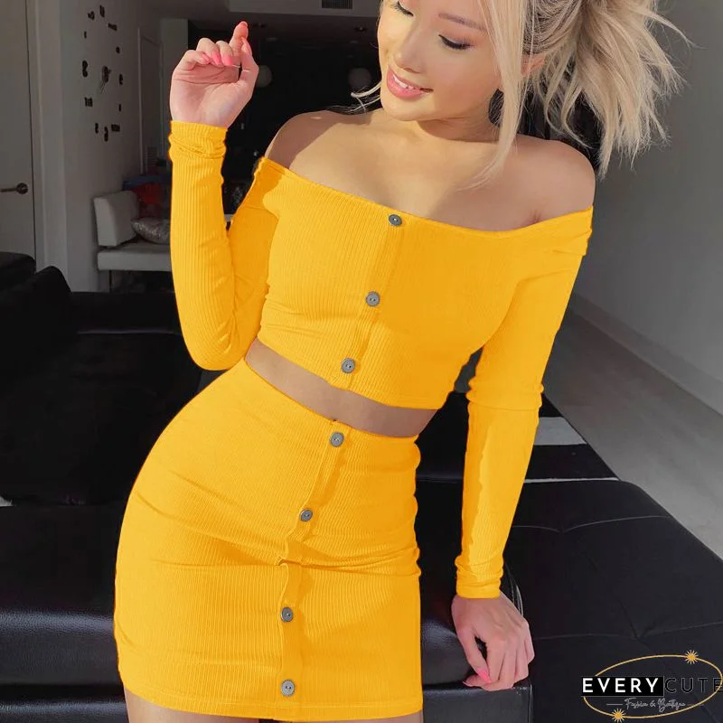 Zipper Design Long Sleeve Top & Skirt Sets