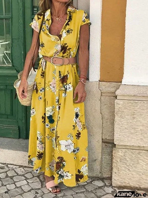Dresses Vintage Print Button Lapel Short Sleeve Dress for Women