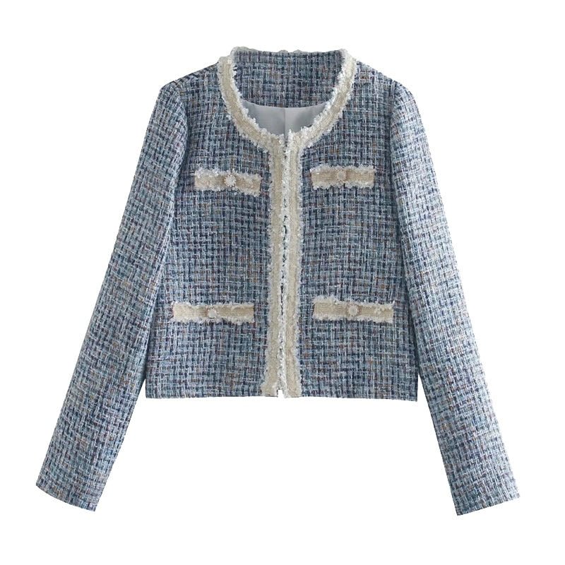 KPYTOMOA Women 2020 Fashion Patchwork Checked Tweed Jacket Coat Vintage Long Sleeve Frayed Trim Female Outerwear Chic Tops