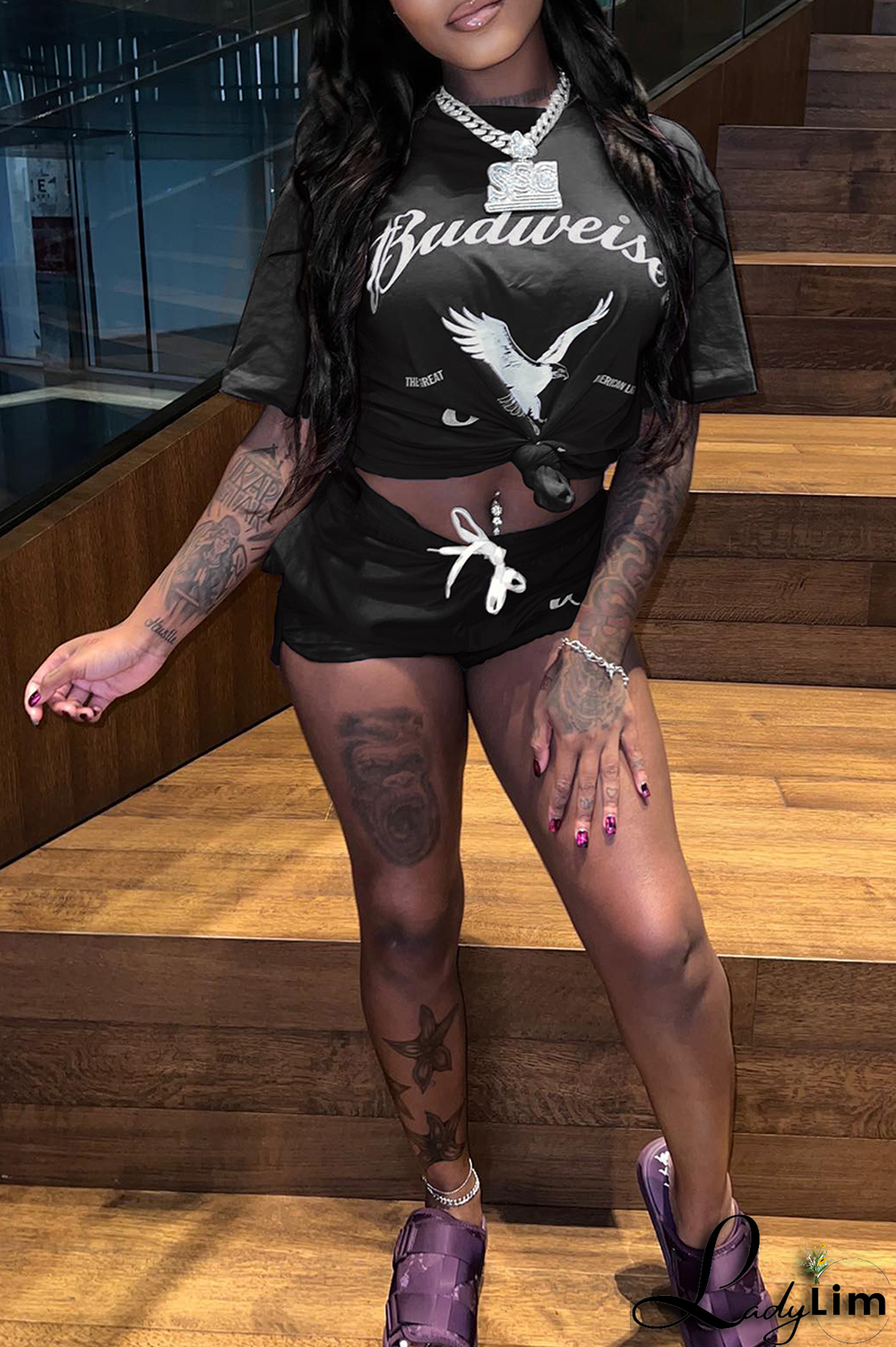 Red Fashion Print Split Joint O Neck Short Sleeve Two Pieces