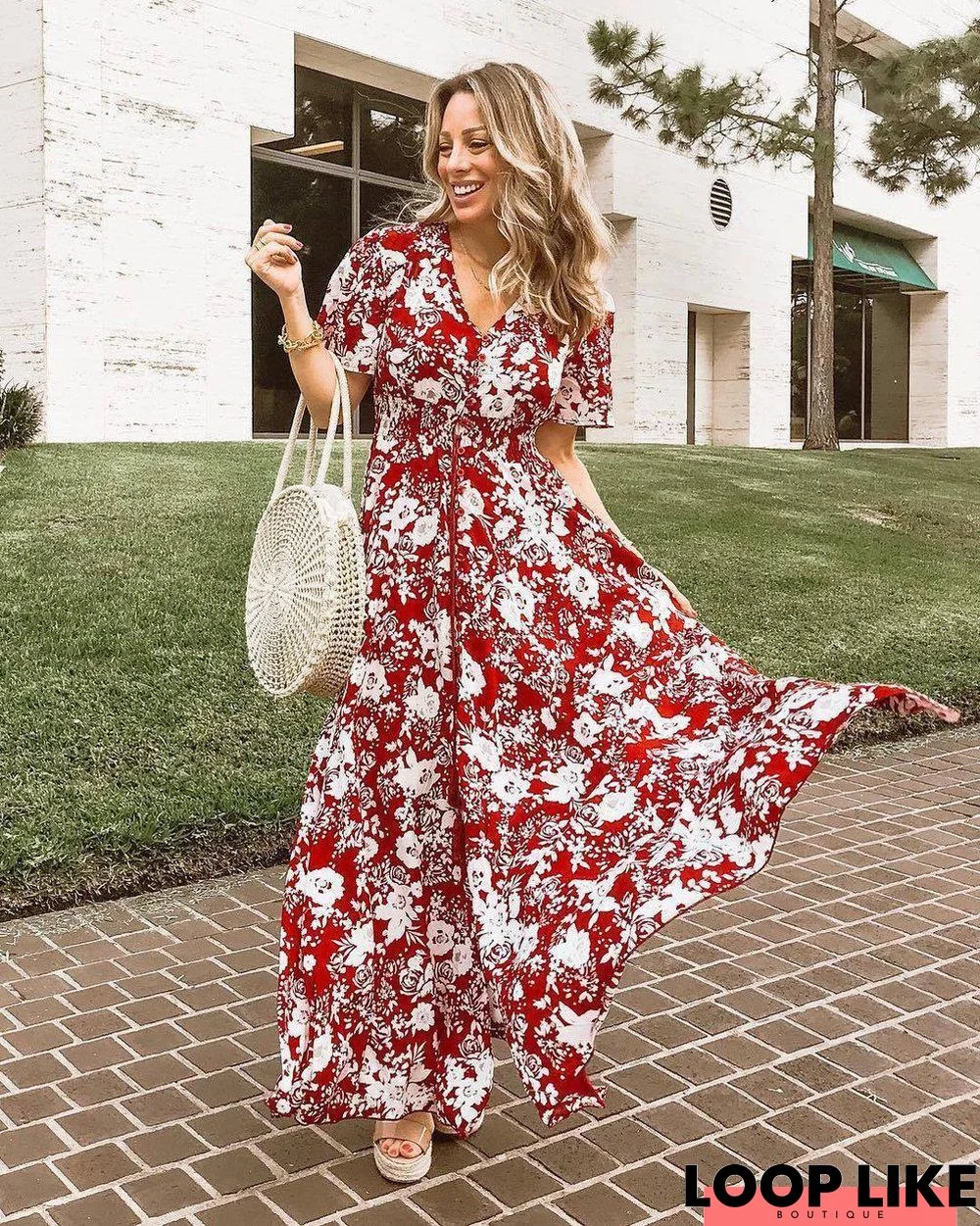 Summer Vacation Floral Print Short Sleeve Maxi Dress