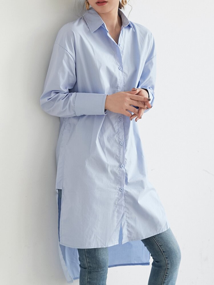 Solid Color Asymmetrical Hem Button Long Sleeve Casual Shirt for Women P1817357