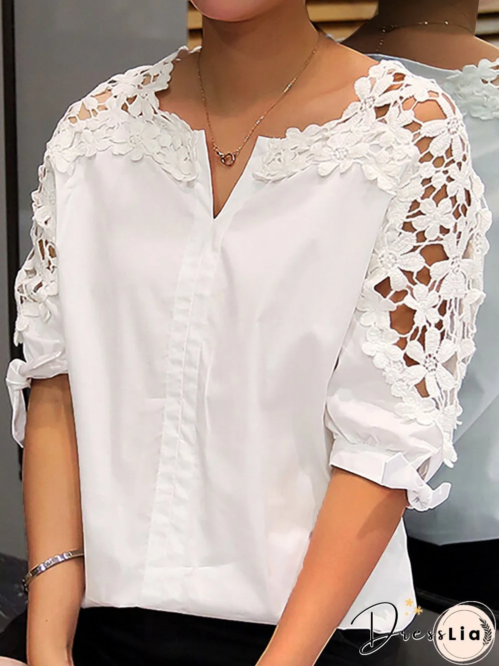 Lace Half Sleeves Notched Neck Solid Sweet Casual Shirts & Tops