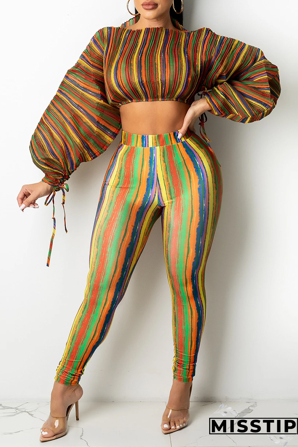 Lake Blue Sexy Striped Patchwork Half A Turtleneck Long Sleeve Two Pieces