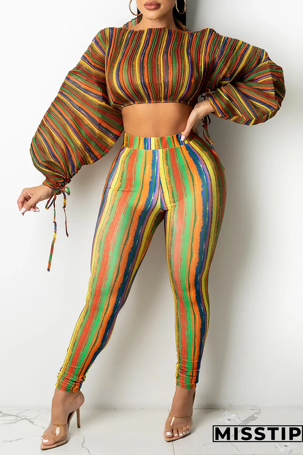 Lake Blue Sexy Striped Patchwork Half A Turtleneck Long Sleeve Two Pieces