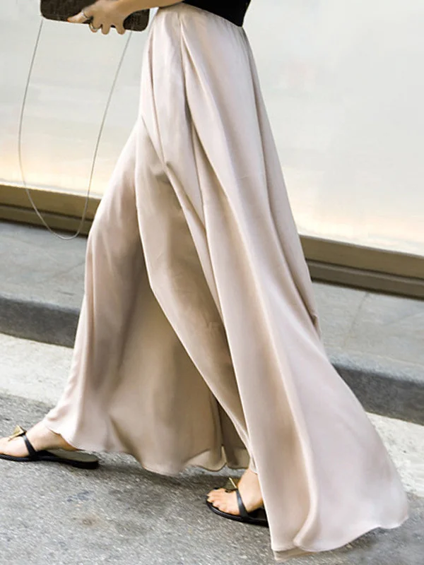 Simple Solid Color Elasticity High Waisted Wide Leg Pants