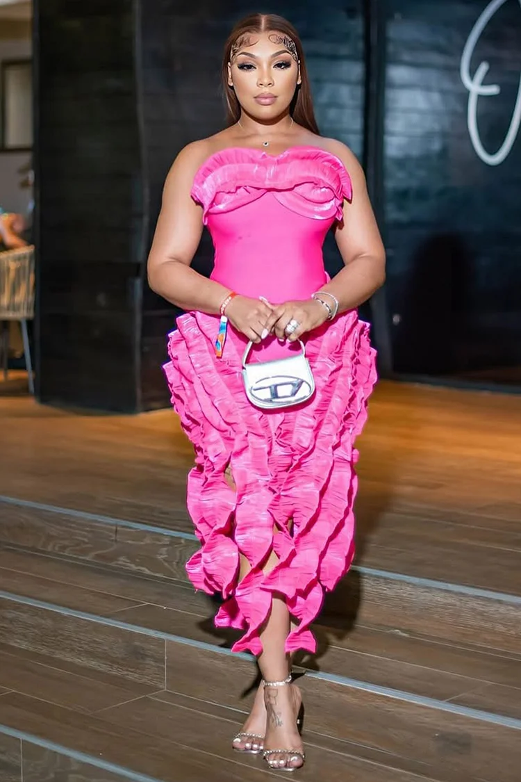 Ruffle Strapless Slim-Fit Fringe Hem Party Midi Dresses-Fuchsia [Pre Order]