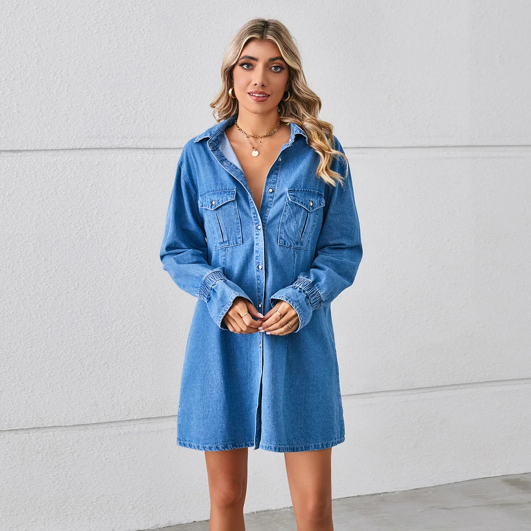 Women's Denim Mini Shirt Dress Lapel Single Breasted Long Sleeve Casual Dress
