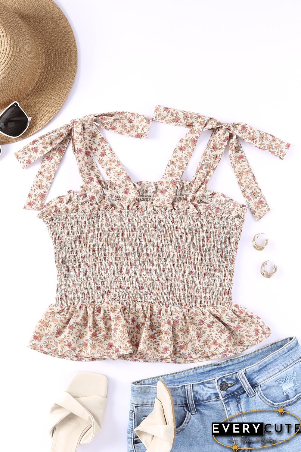 Khaki Floral Print Tie Straps Smocked Peplum Vest