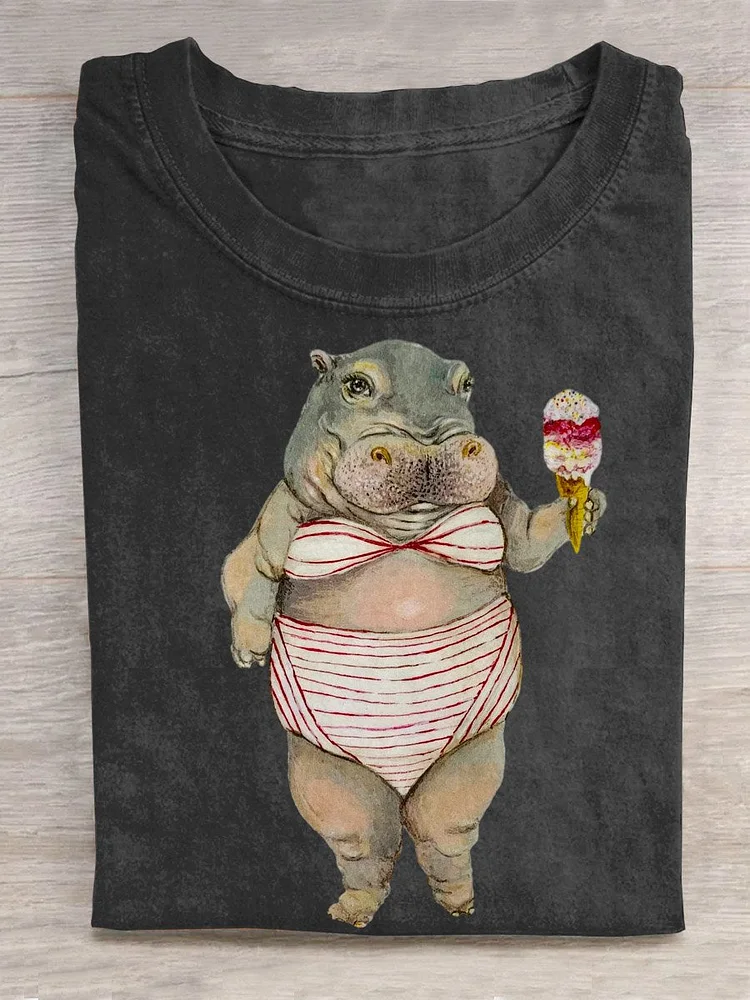 Funny Hippo Art Pattern Print Casual T-shirt