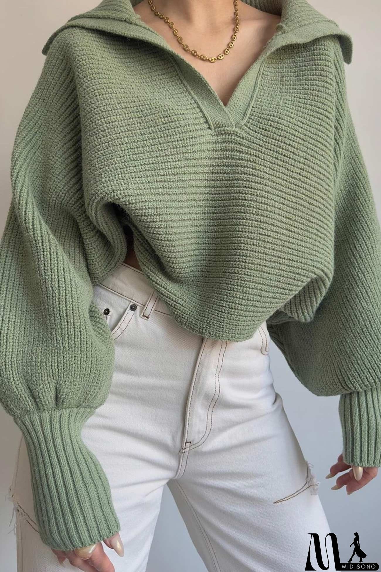 MidiSono - Lapel V Neck Puff Sleeve Sweater