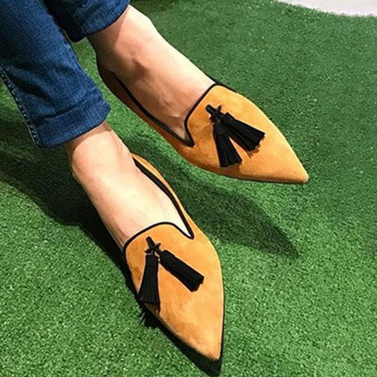 Women's Pointed Toe Tassel Ballet Flats In Suede -loafers