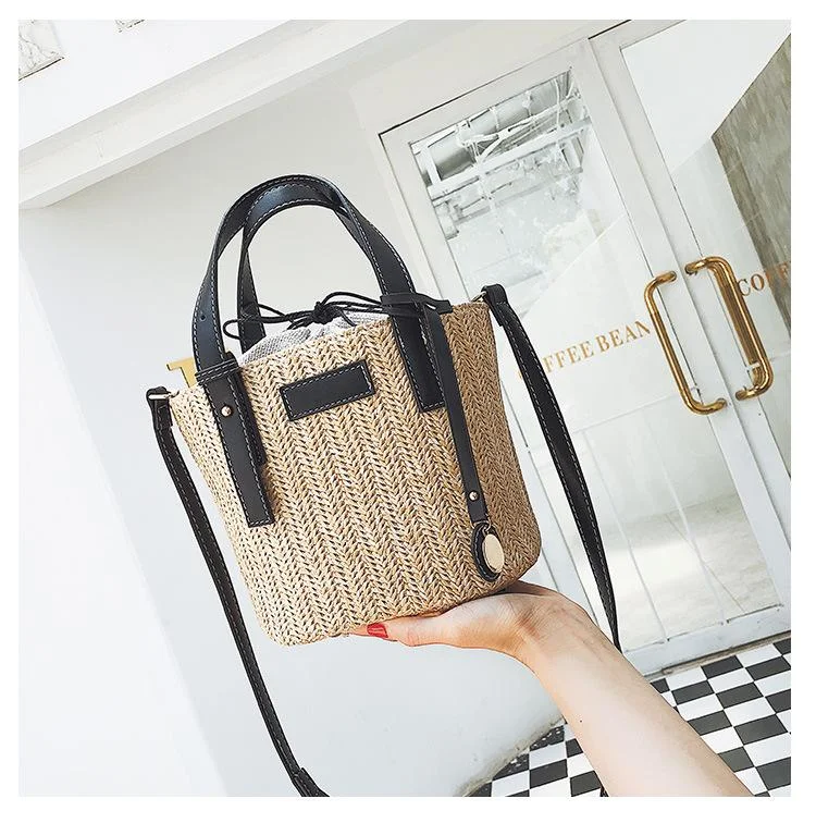 Straw Bucket Handbag WIth Strap And Inner Bag Inclined Shoulder Bag 