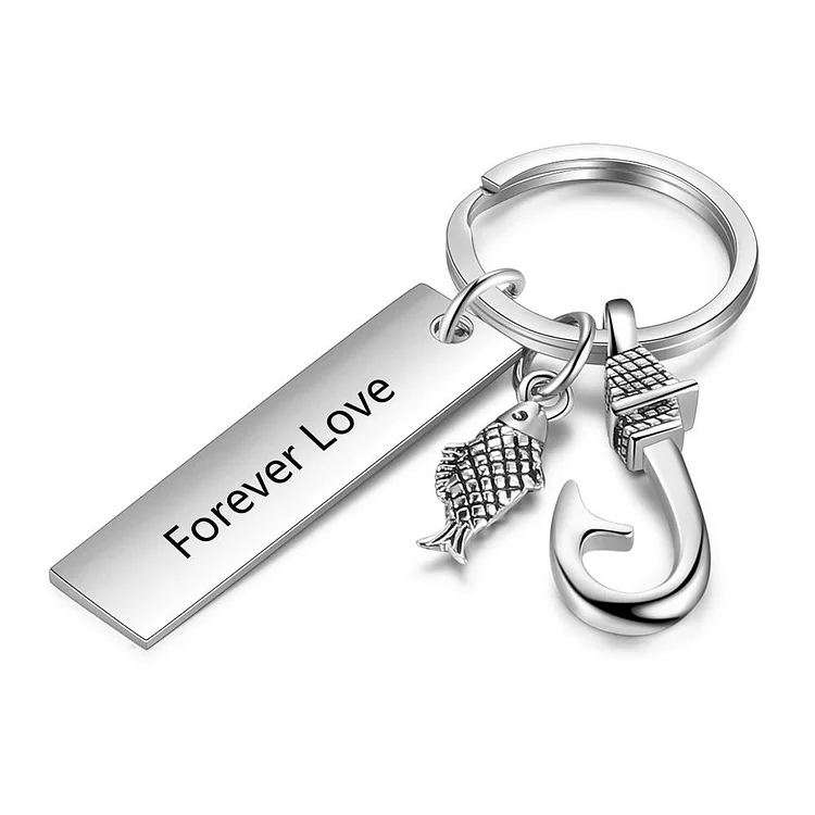Fish Hook Key Chain with Engraved Bar Pendant Charm Personalized Gift for Father