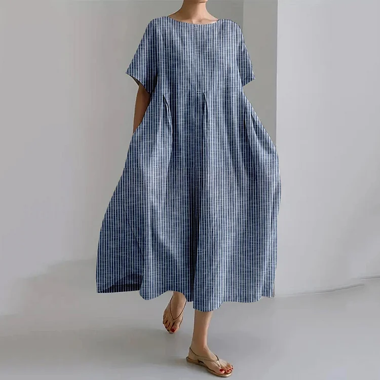 Comstylish Retro Striped Design Loose Cotton And Linen Round Neck Long Dress