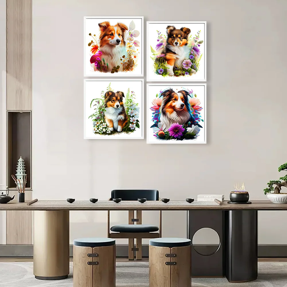 4pcs/Set Diamond Painting - Full Round Drill - Flower Dog(Canvas|30*30cm)
