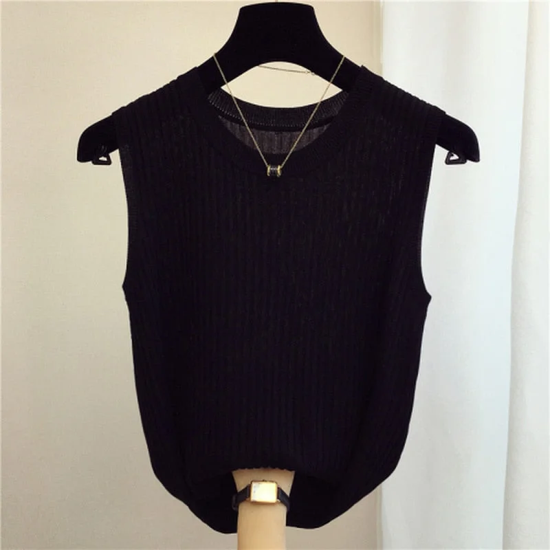Summer New Fashion Female Sleeveless Casual Thin Tops Ice Silk Knitted Vests Women Tops O-neck Solid Tank White Black Tops 13687
