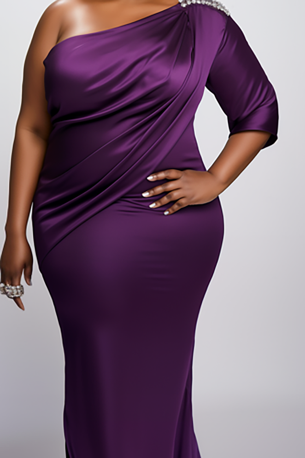 Design Plus Size Mother Of The Bride Elegant Purple One Shoulder 3/4 Sleeve Drilling Mermaid Satin Maxi Dresses [Pre-Order]