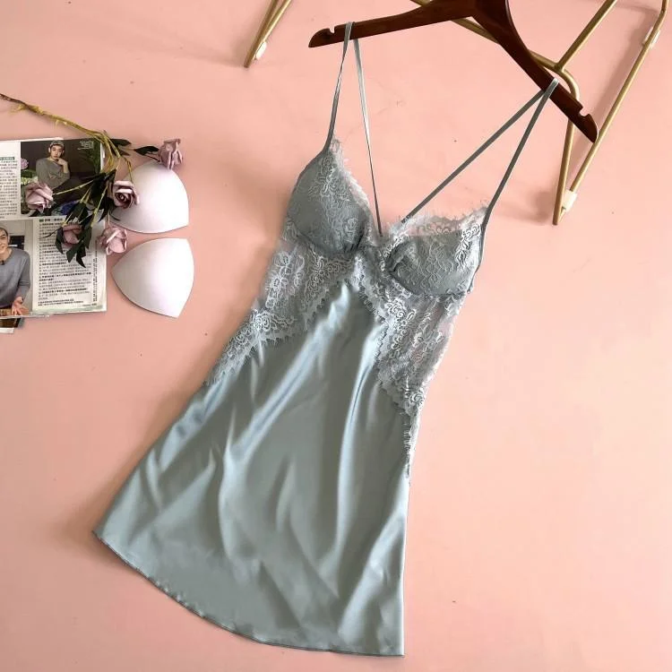 Uaang Lace Satin Nightdress Lady Strap Backless Nighty Gown Summer Sleeveless With Chest Pads Nightgown Sleepshirt Lounge Sleep Dress