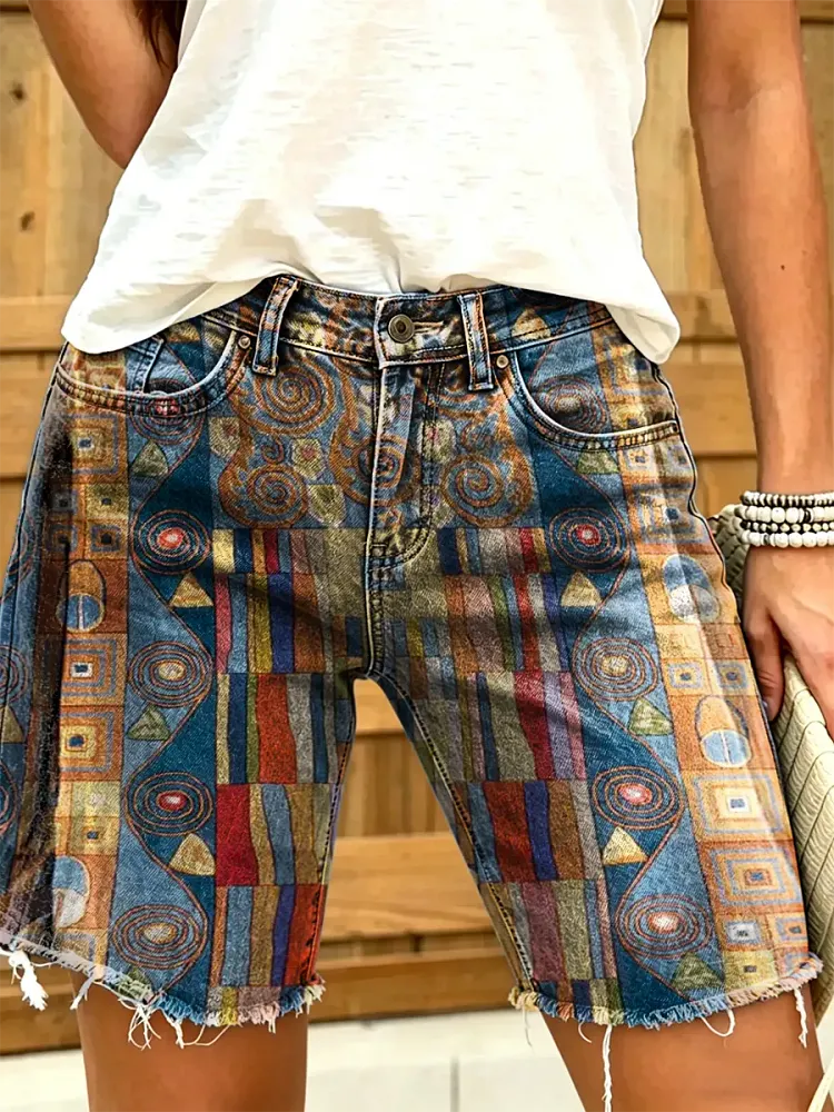 Women's Vintage Ethnic-print Artistic-print Denim Shorts