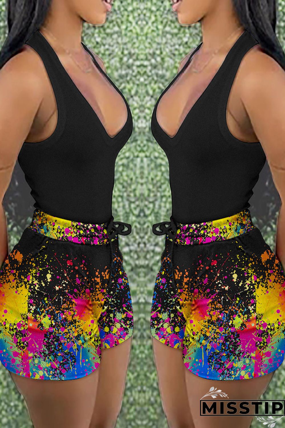 Black Casual Print Patchwork V Neck Two Pieces