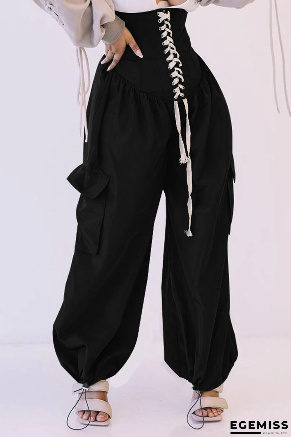 Black Casual Street Solid Bandage Patchwork High Waist Wide Leg Solid Color Bottoms | EGEMISS