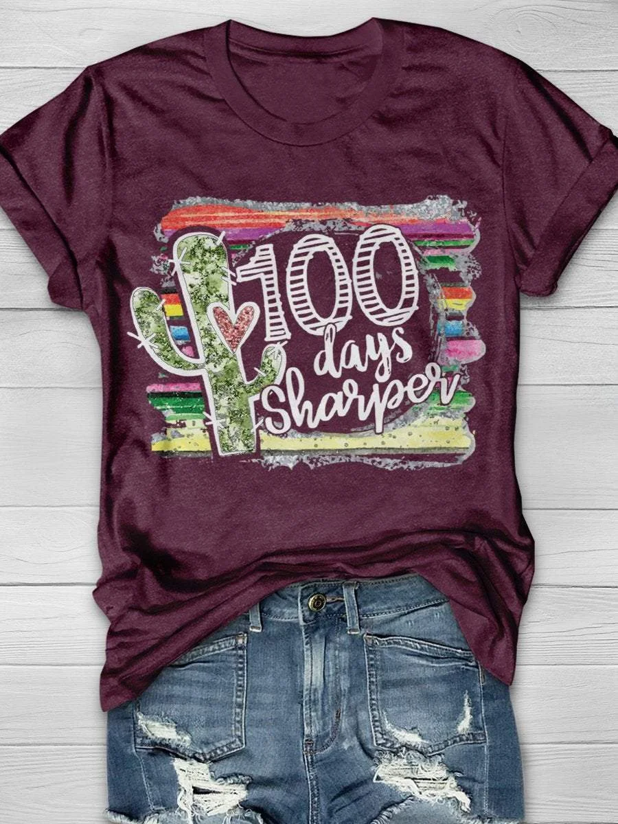 100 Days Sharper Cactus Teacher Print Short Sleeve T-shirt