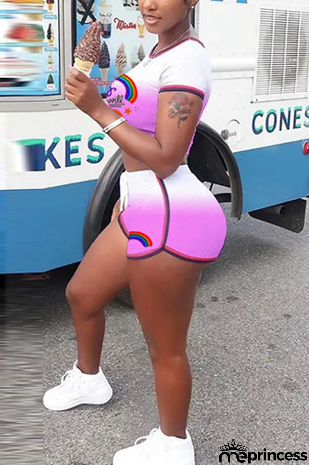 rose red Polyester Fashion Casual Print Two Piece Suits Straight Short Sleeve Two Pieces