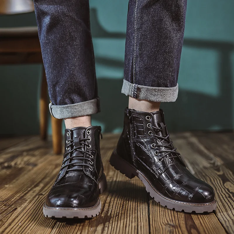 Men's Waterproof Wear-resistant Stitching Lace-up Crocodile Pattern Upper Low-cut Work Boots