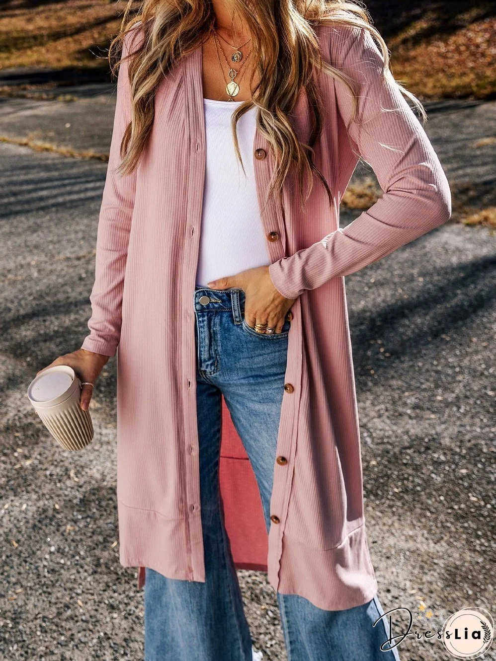 Pink Ribbed Button-Up Duster Cardigan with Side Splits