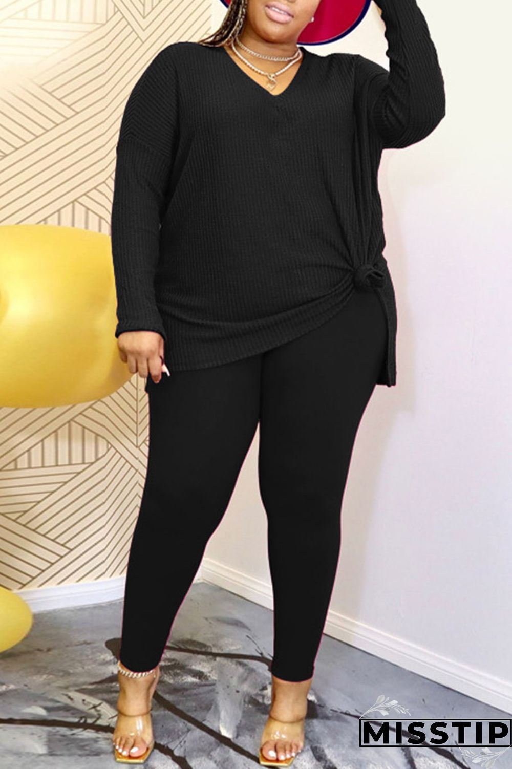 Rose Red Casual Solid Patchwork Slit V Neck Plus Size Two Pieces