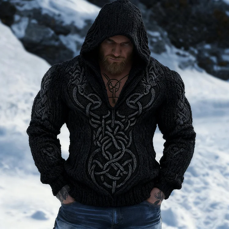 Retro Viking Celtic Jacquard Chunky Hooded Sweater
