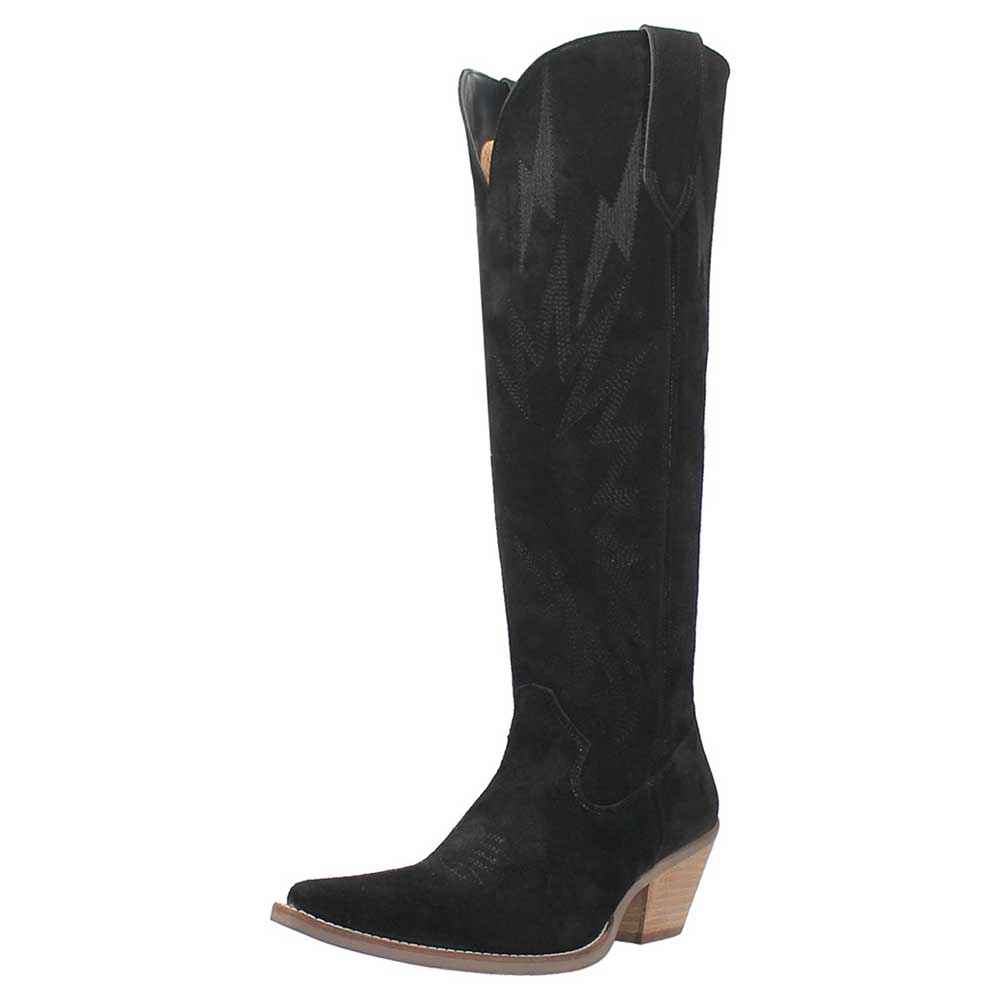 Black Vegan Suede Snip Toe Lightning Embroidered Cowgirl Boots Nicepairs