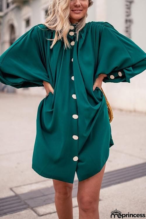 Oversized Button Puff Sleeve Shirt Dress