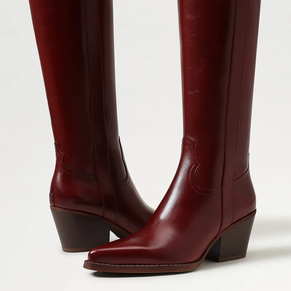 Women's Maroon Mid Block Heel Pointed Toe Western Boots with Zipper