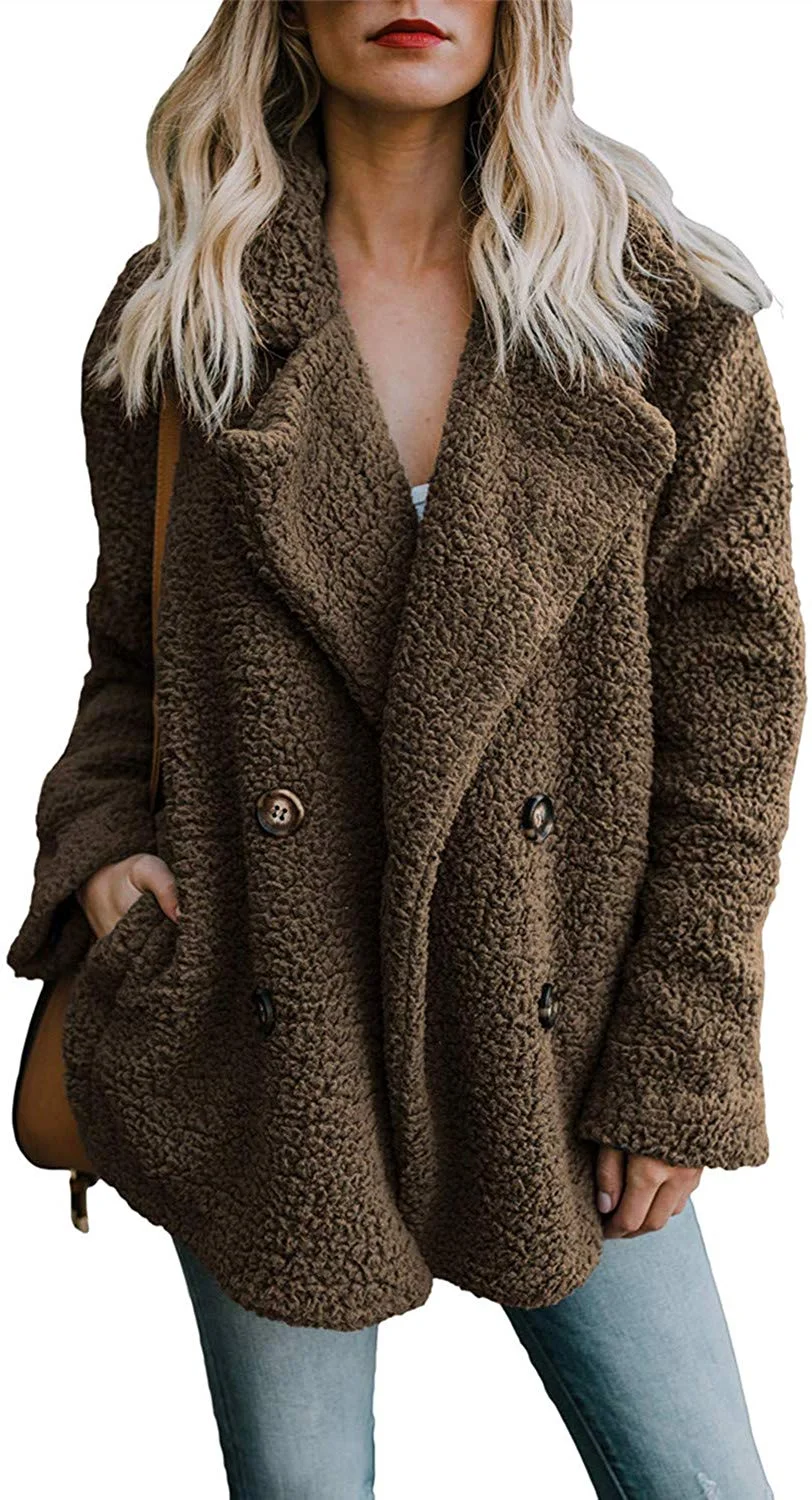 Womens Fleece Fashion Open Front Cardigan Coat Jacket with Pockets Outwear Warm Winter